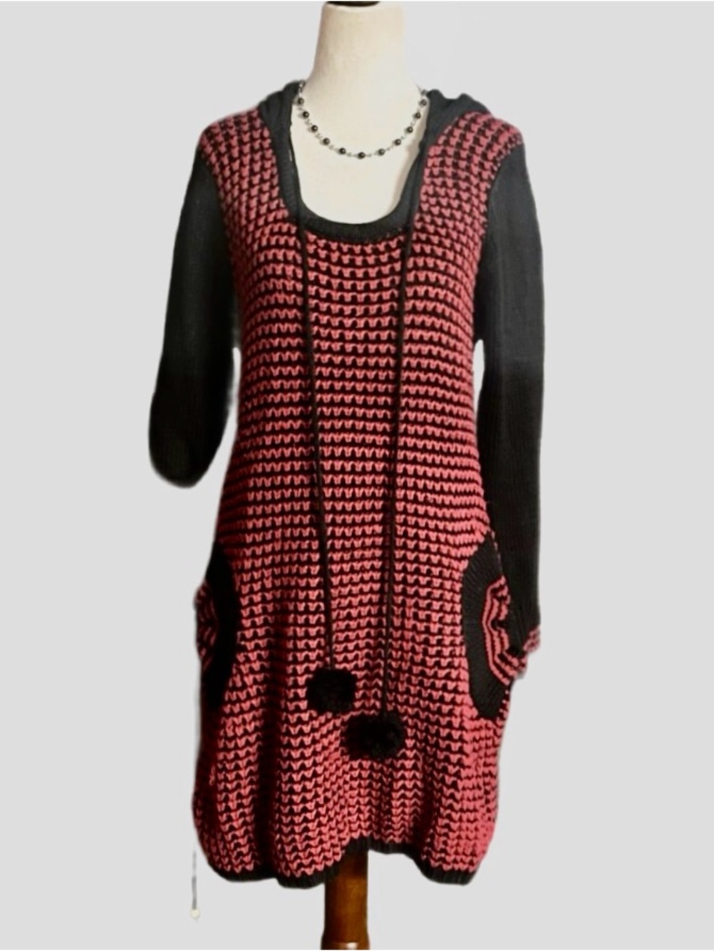 Women's Black and Pink Knit Sweater Dress